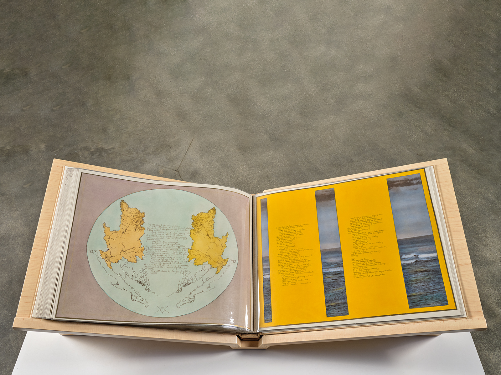 Helen-Mayer-and-Newton-Harrison_Scacco-Debra_The-Lagoon-Cycle_Cloth-and-rope-bound-folio-of-45-mylar-covered-archivally-processed-photographs-with-graphite-ink-and-oil_36x24x8-in__1974-84_