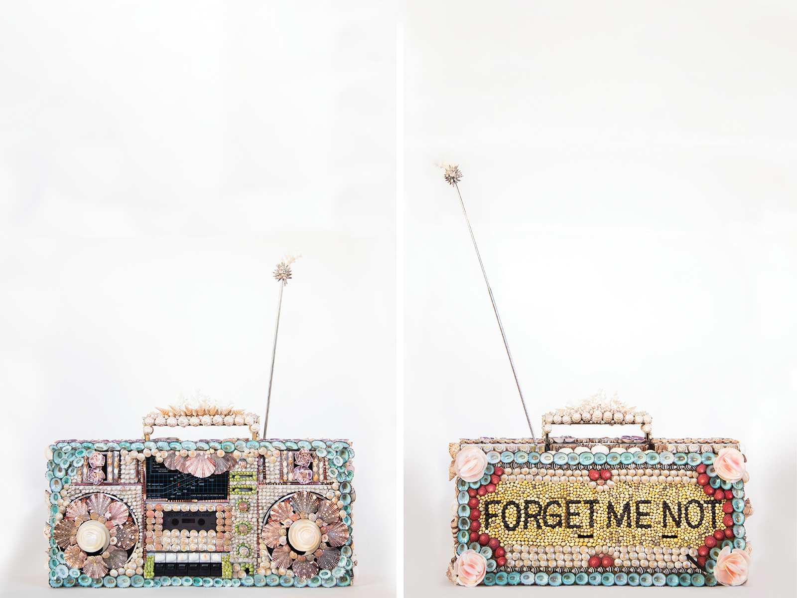Jenny-Kendler_Scacco-Debra_Forget-Me-Not_Vintage-boombox-sustainably-sourced-shells,-adhesive-cassette tape-and-looped-audio_20x 8×12-in_2020